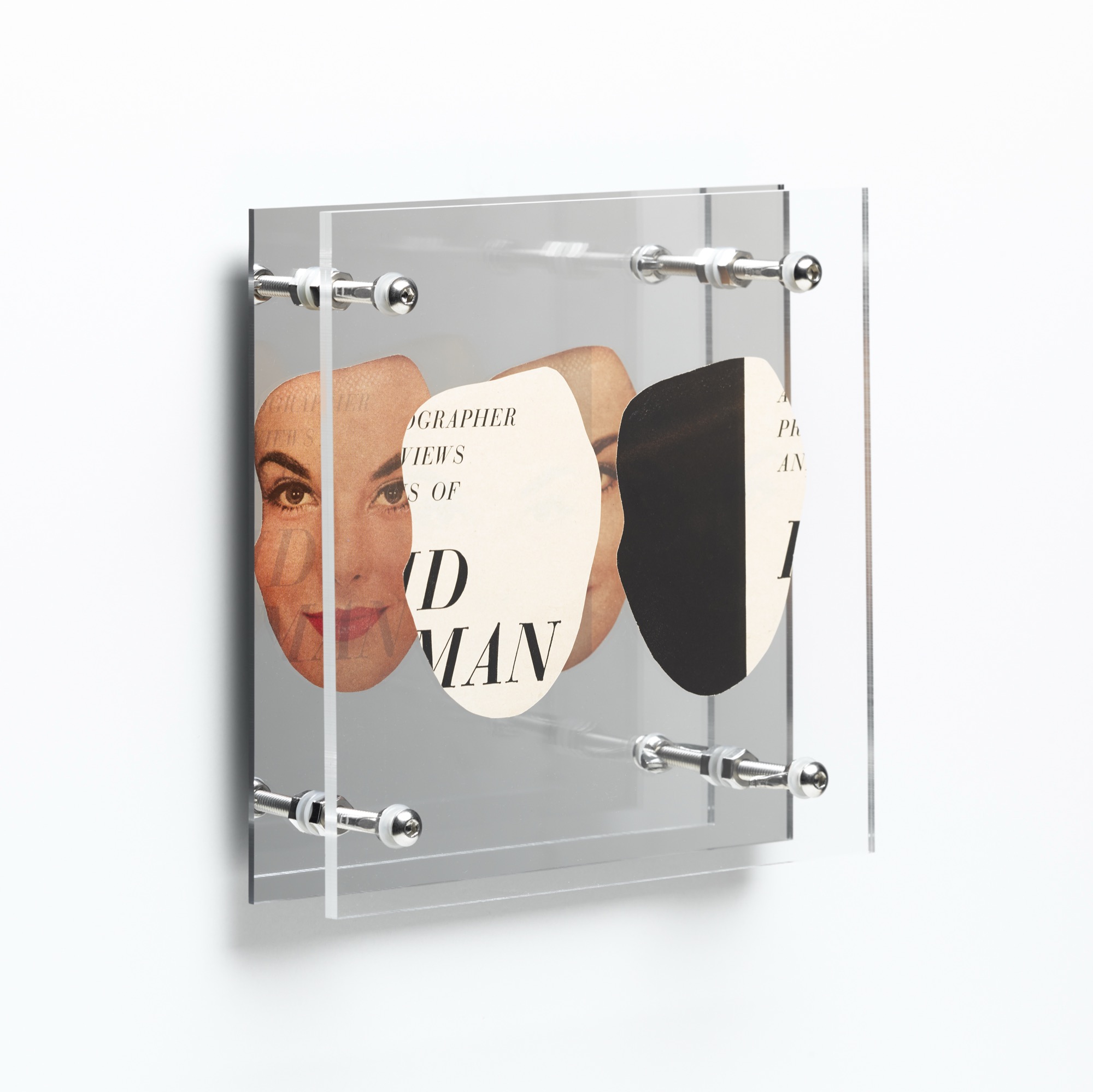 Truth or fiction? by Shannon Milar — Double Take series. Cut from mid-century magazines, found images and text are pressed between clear acrylic sheets set before a mirrored panel. Juxtaposed portraits meet reversed headlines, where image and language overlap in reflection.