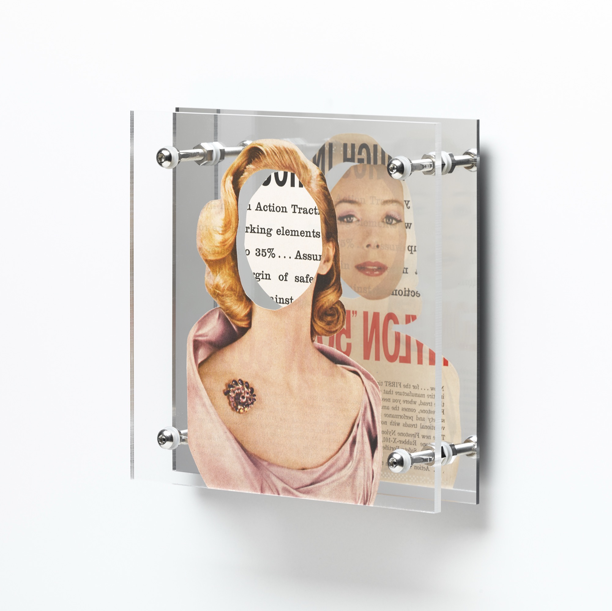 Where angels fear to tread (rose) by Shannon Milar — Double Take series. Cut from mid-century magazines, found images and text are pressed between clear acrylic sheets set before a mirrored panel. A poised figure framed in pink satin meets reversed print, her mirrored image exposing both sides of the page.