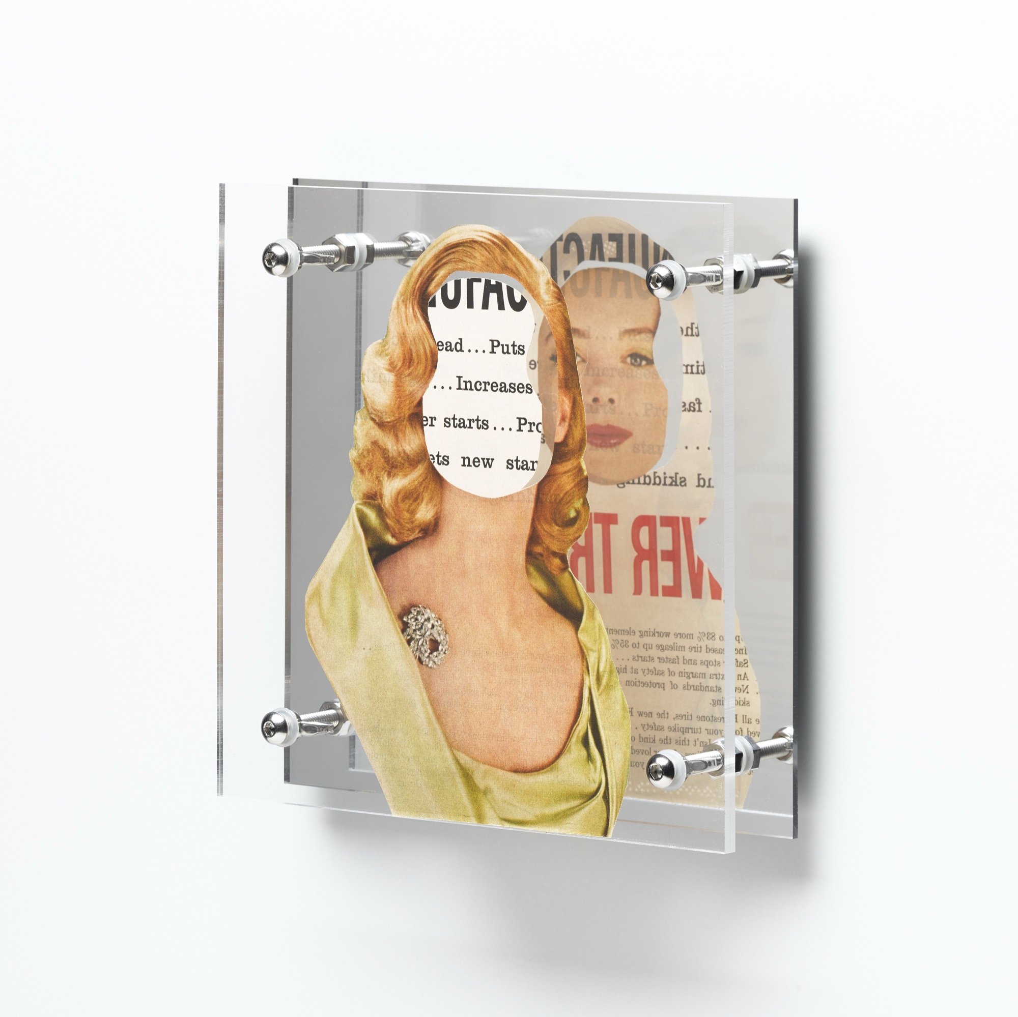 Where angels fear to tread (gold) by Shannon Milar — Double Take series. Cut from mid-century magazines, found images and text are pressed between clear acrylic sheets set before a mirrored panel. A poised figure framed in gold satin meets reversed print, her mirrored image exposing both sides of the page.