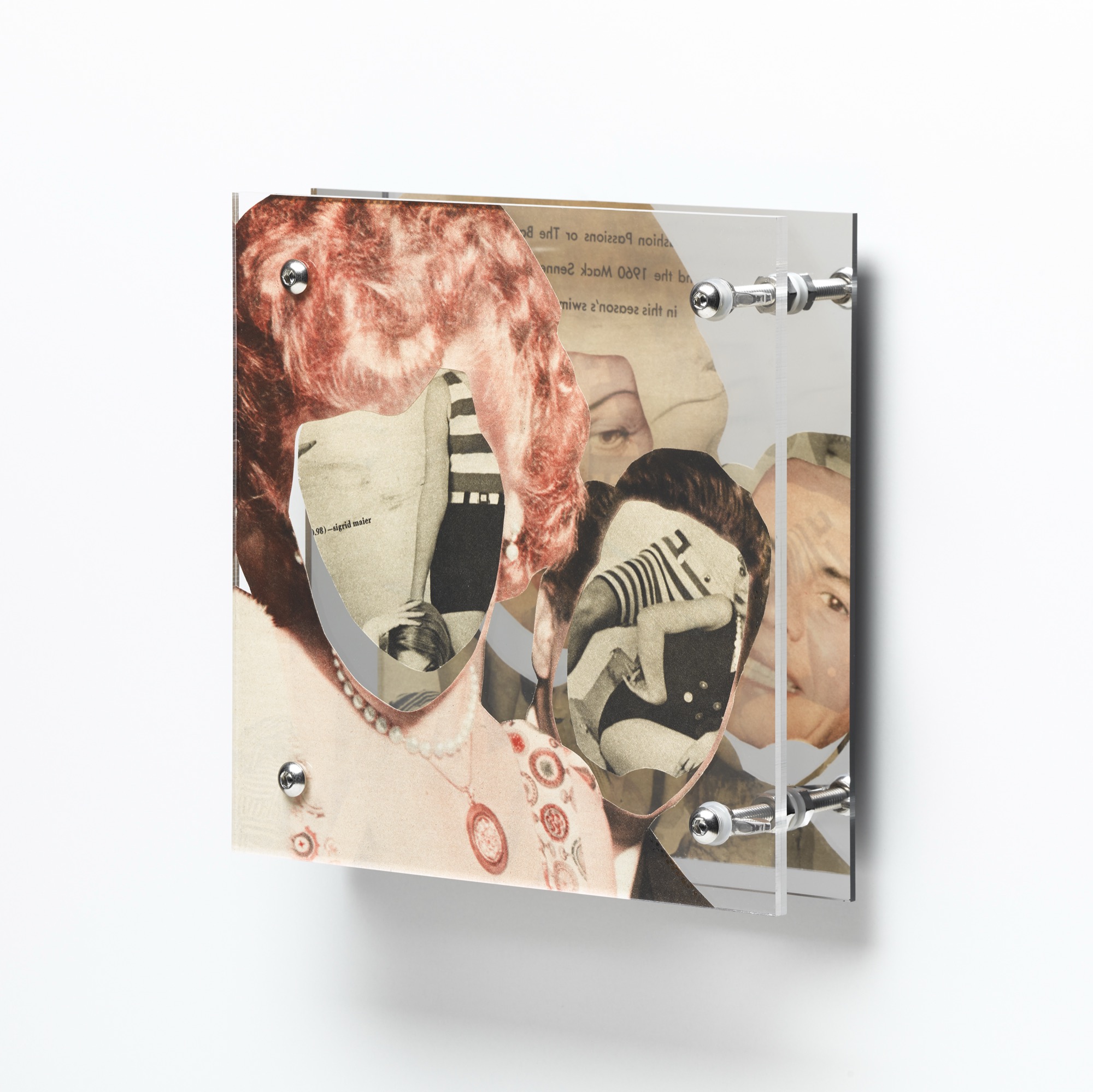 Keeping Sigrid in sight by Shannon Milar — Double Take series. Cut from mid-century magazines, found images and text are pressed between clear acrylic sheets set before a mirrored panel. A figure with red hair reflects across mirrored faces, where image and text converge through shifting planes.