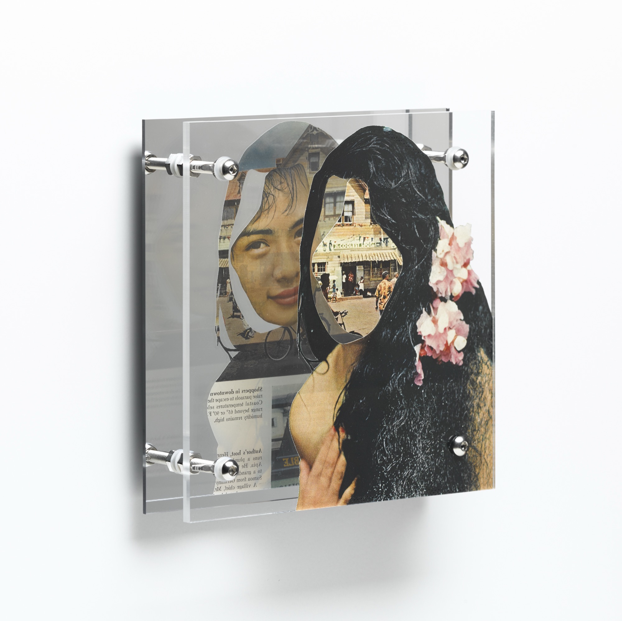 Seeking the coolest spot by Shannon Milar — Double Take series. Cut from mid-century magazines, found images and text are pressed between clear acrylic sheets set before a mirrored panel. Figures entwined in bright color and print meet in mirrored reflection, exposing both sides of the page.