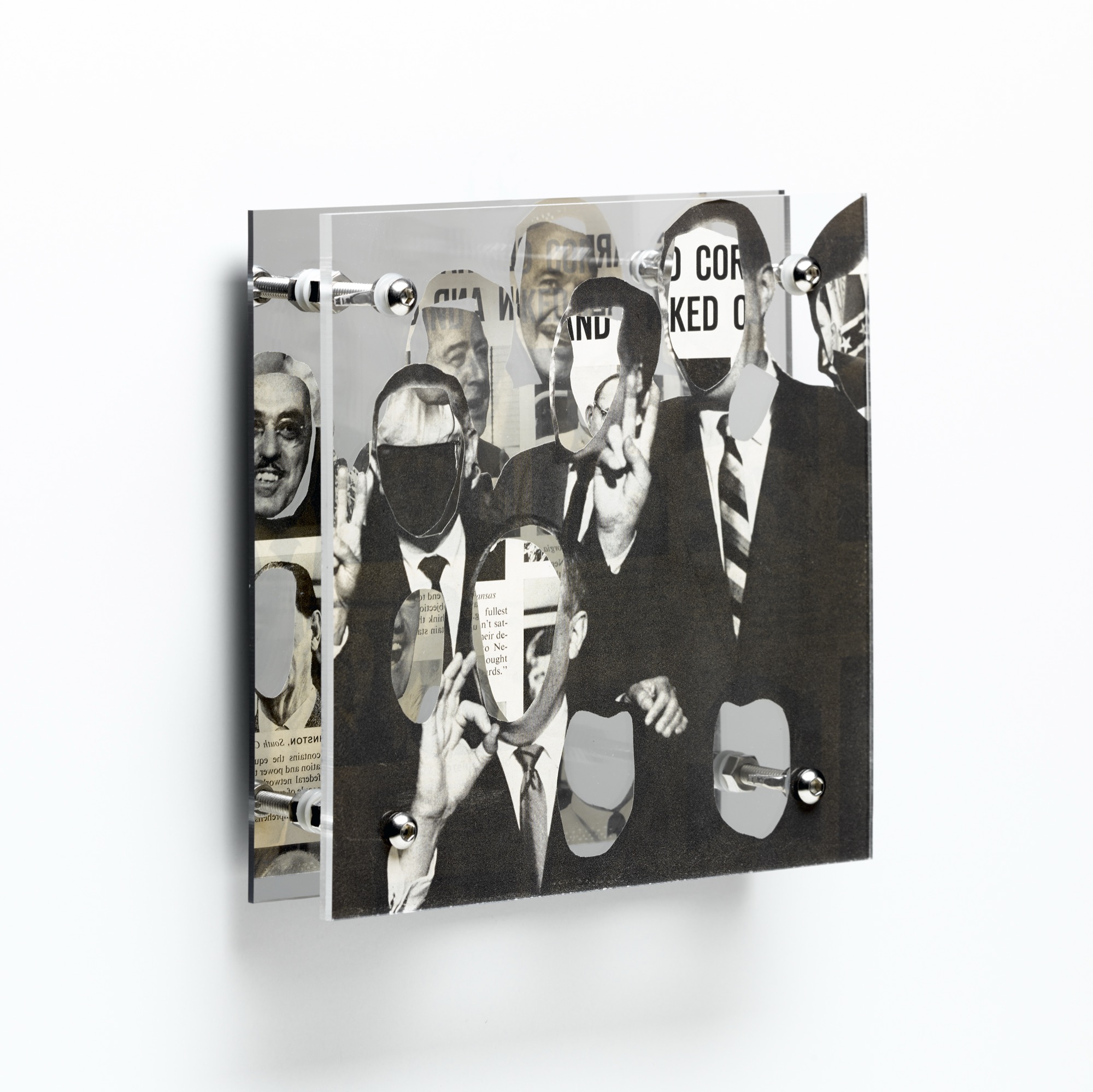 Civil rights (of passage) by Shannon Milar — Double Take series. Cut from mid-century magazines, found images and text are pressed between clear acrylic sheets set before a mirrored panel. A group of suited men gestures in unison, their mirrored doubles fractured by the printed page.