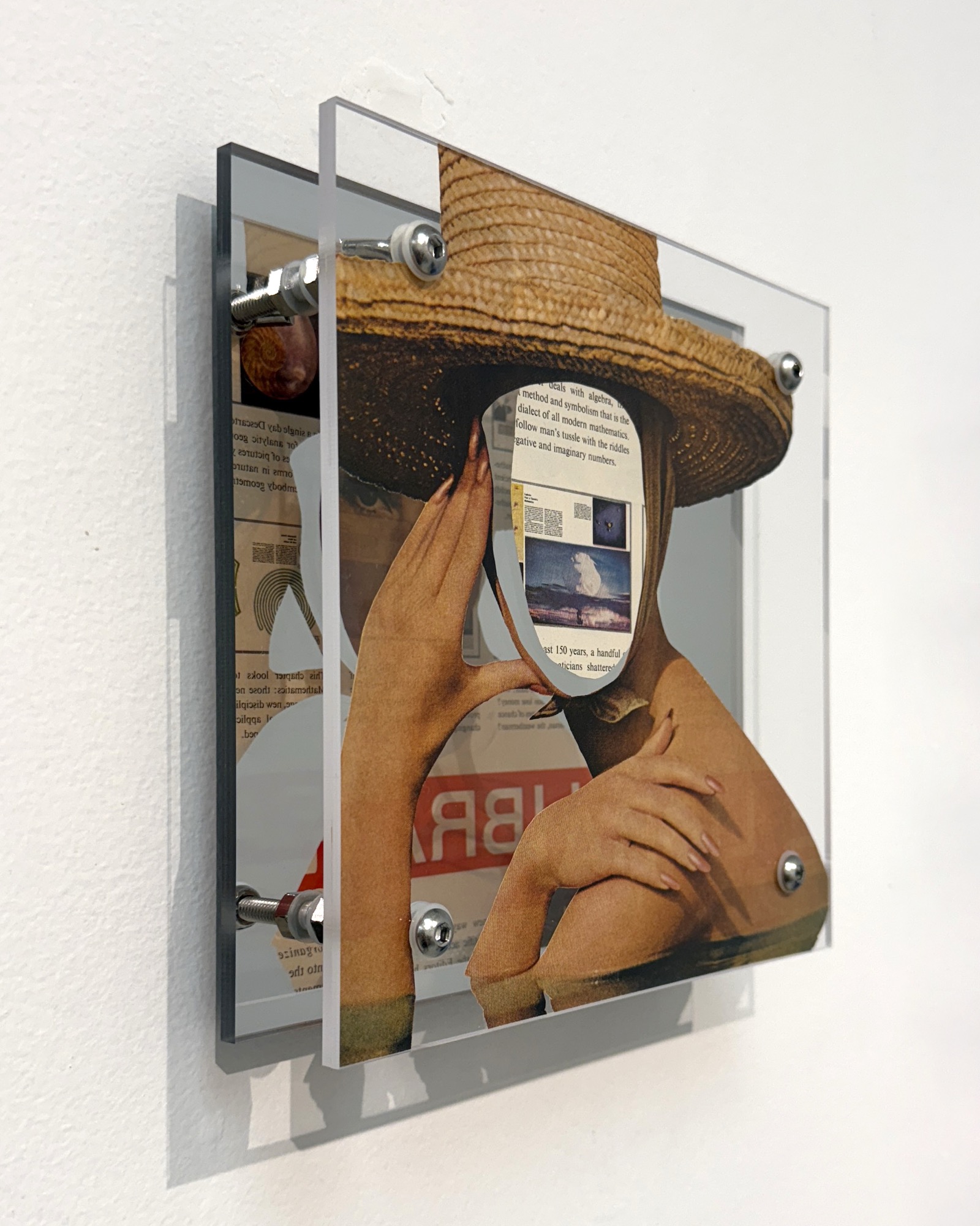 Brilliance by Shannon Milar — Double Take series. Found images, clear + mirrored acrylic, nylon + metal hardware. A figure in a wide straw hat, face replaced by a cutout revealing the page reverse, her hands composed against layered printed text.