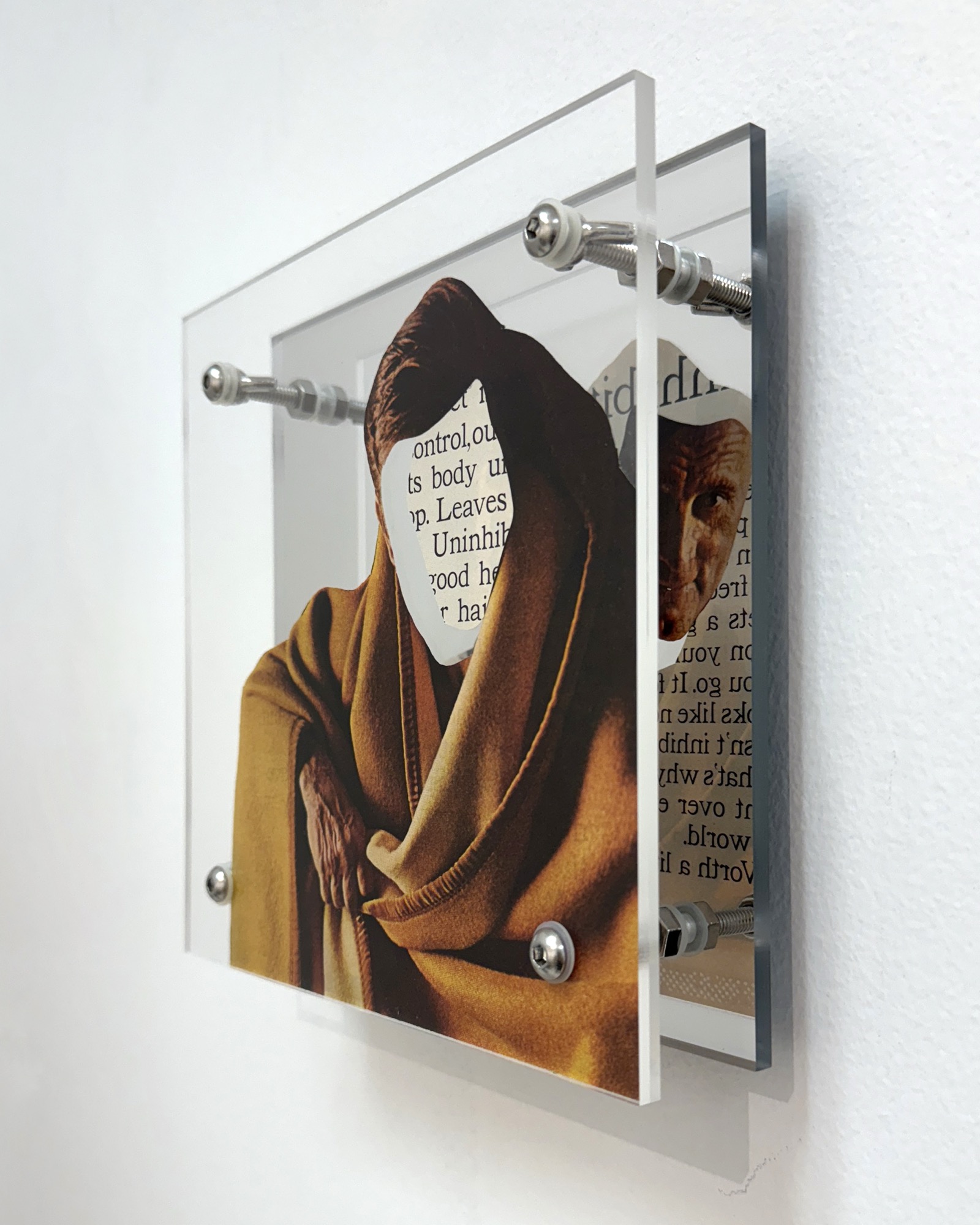 Synthetic by Shannon Milar — Double Take series. Found images, clear + mirrored acrylic, nylon + metal hardware. An older figure wrapped in ochre fabric, face replaced by a cutout of printed text, the mirrored backing exposing an animal image and text from the page reverse.