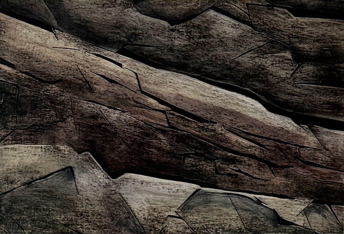 Before You Settle Down by Shannon Milar — Dust and Scratches series. Drypoint with monotype. Close diagonal planes of fractured rock rendered in deep brown and grey, the surface built from fine drypoint line and tonal wash.