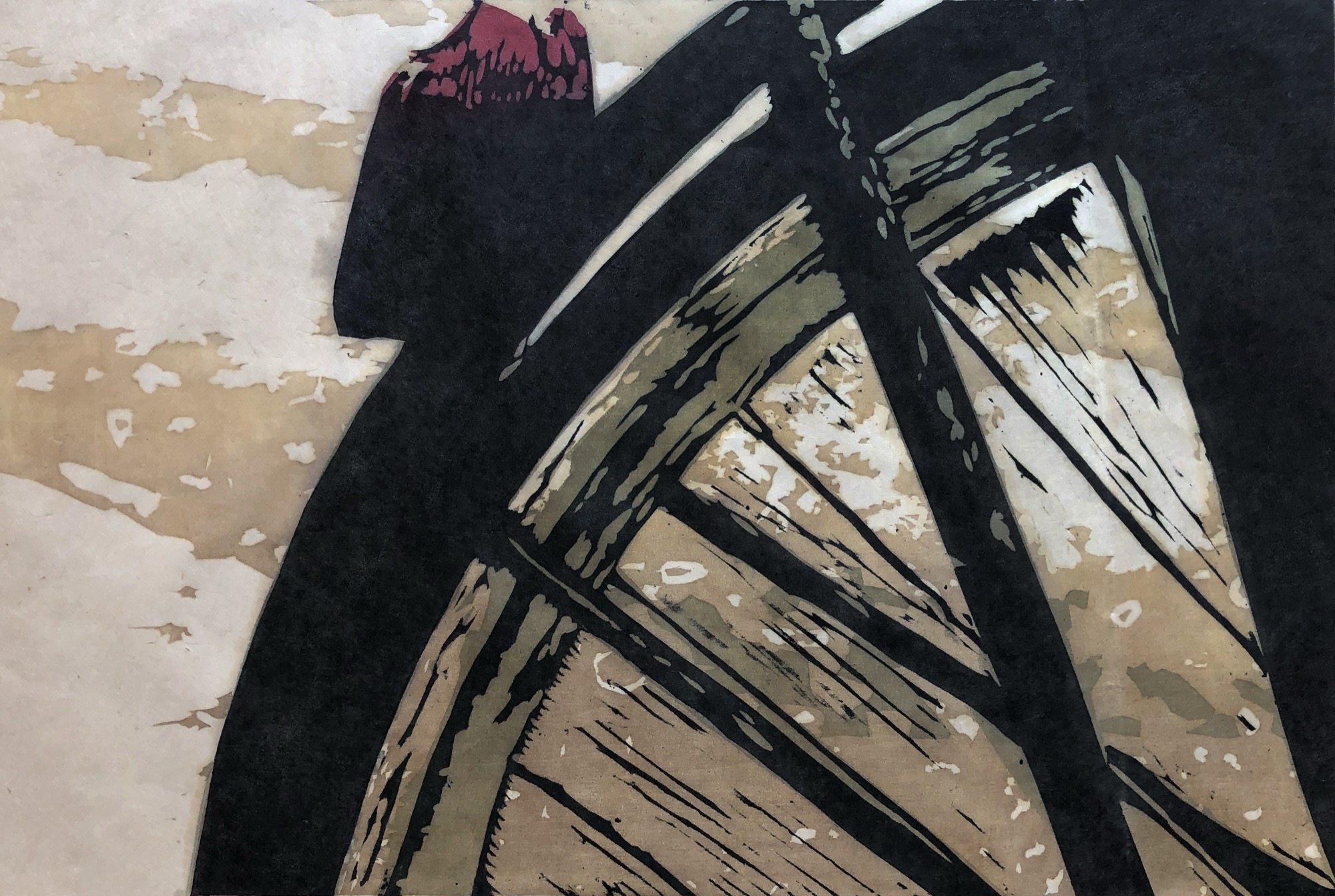 Bicicletta by Shannon Milar — Familiar Distance series. Woodcut. Close view of a bicycle wheel, the radiating spokes and circular rim rendered in stark black and white.