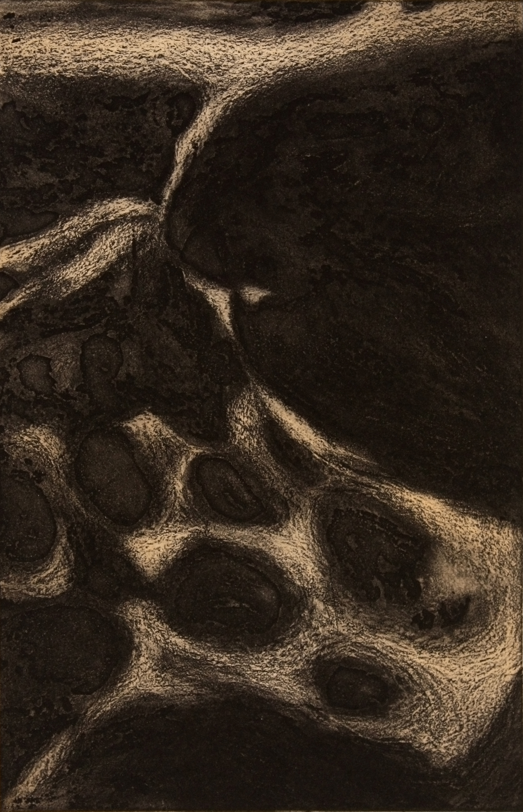 movimento II by Shannon Milar — Incisore-Stampatore series. Soft ground etching, aquatint, sugar lift and spit bite. A coastal rock face in near-black, a broad diagonal of pale luminous texture cutting through the dark. Tafoni — rounded cavities worn into the inclined stone by sea weathering — appear along the passage, each glowing at its rim against the deep ground.