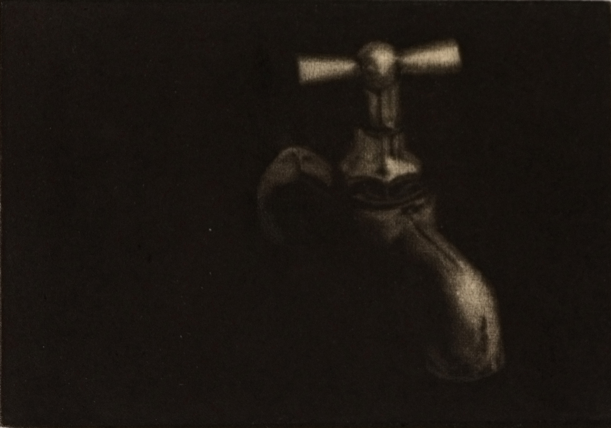 rubinetto by Shannon Milar — Incisore-Stampatore series. Mezzotint on copper. A faucet emerges from deep black, built from dark to light.