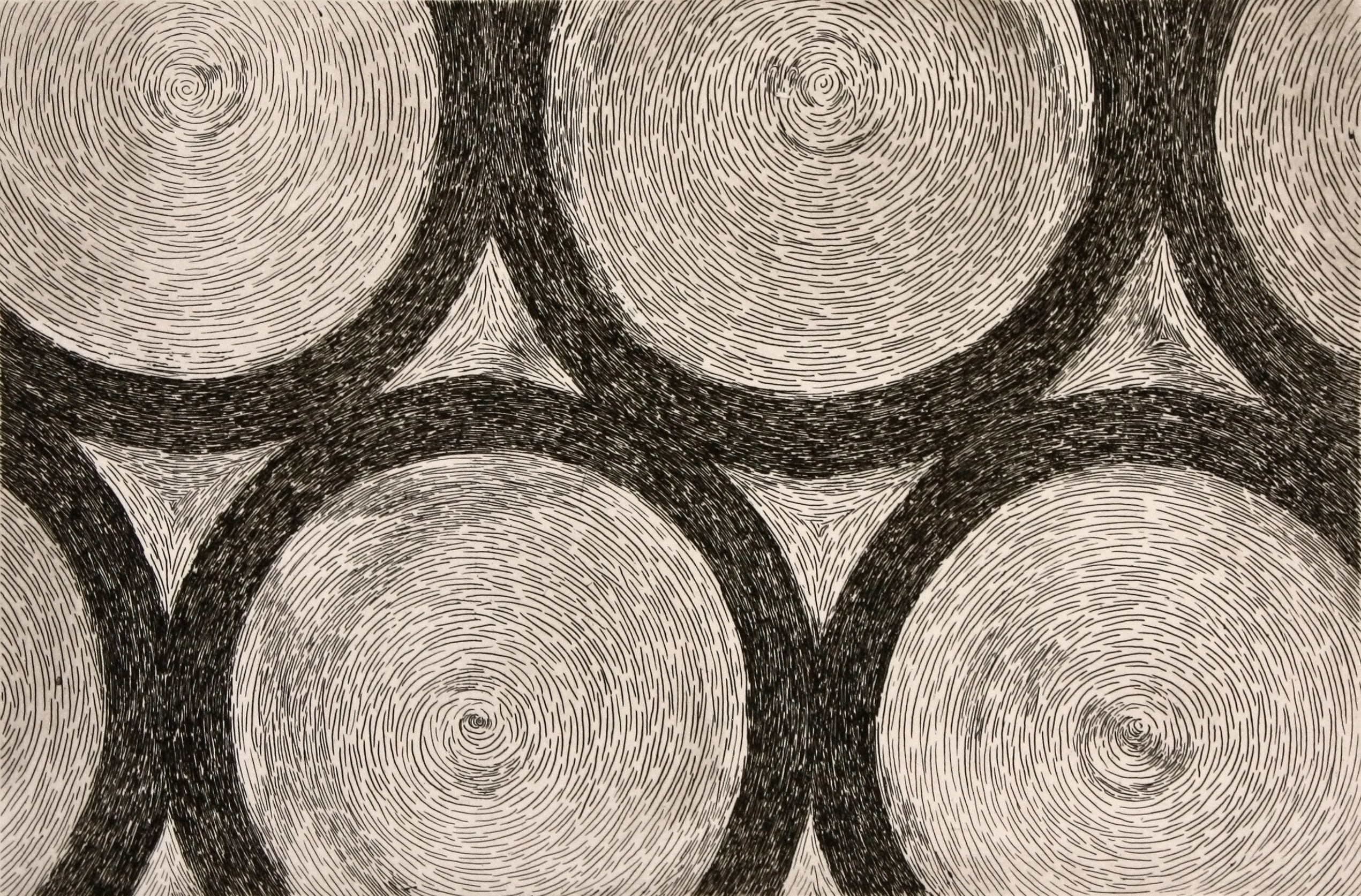 rui by Shannon Milar — Incisore-Stampatore series. Line etching. Six circular panes of blown glass — the historic Venetian window form known as rui or rulli — rendered in spiraling concentric line, pale at their centres and darkening toward the edges. The leaded spaces between panes form pointed lens-shaped voids of deep black.